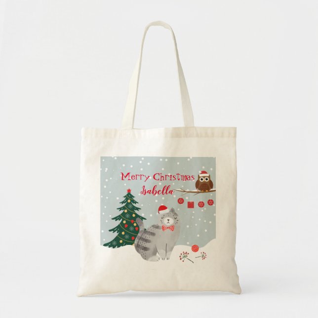 Bag with winter decor. Cute cat and owl. (Front)