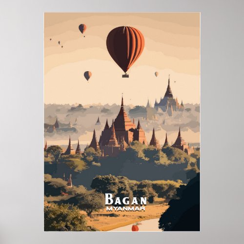 Bagan Myanmar Vintage Travel Retro Poster Wall Art