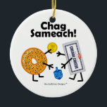 Bagel & Cream Cheese - Chag Sameach! Ceramic Ornament<br><div class="desc">Jewish food BFFs—Bagel & Cream Cheese—greet each other warmly with "Happy Holidays!" in Hebrew,  and play with a dreidel for chocolate coins (gelt). Part of my "Friendly Foods" collection... click on Store link below to see them all. YOU CAN CHANGE THE BACKGROUND TO ANY COLOR YOU WANT!</div>