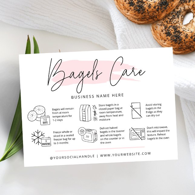 Bagels Care Guide Pink Watercolor Bread Bakery Business Card (Modern bagels care cards with icons, trendy fonts and pink watercolor design and your logo)