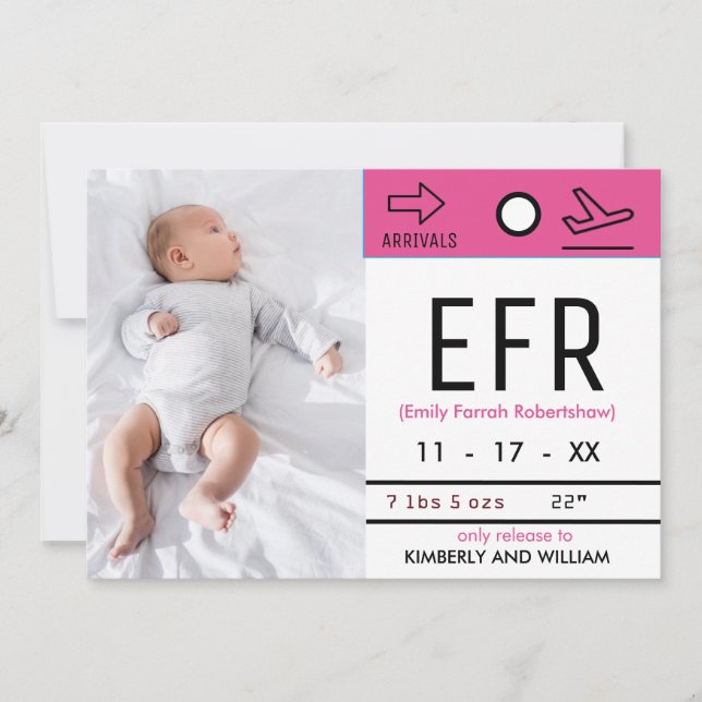 Baggage Claim Ticket Cute Baby Girl Birth Announcement (Front)