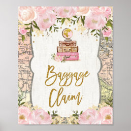 Baggage Claim Travel Map Pink Floral Bridal Shower Poster