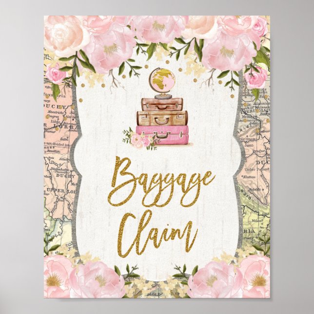 Baggage Claim Travel Map Pink Floral Bridal Shower Poster (Front)