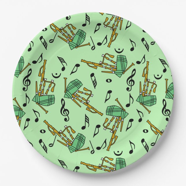 Bagpipe Music Notes Pattern Paper Plates (Front)