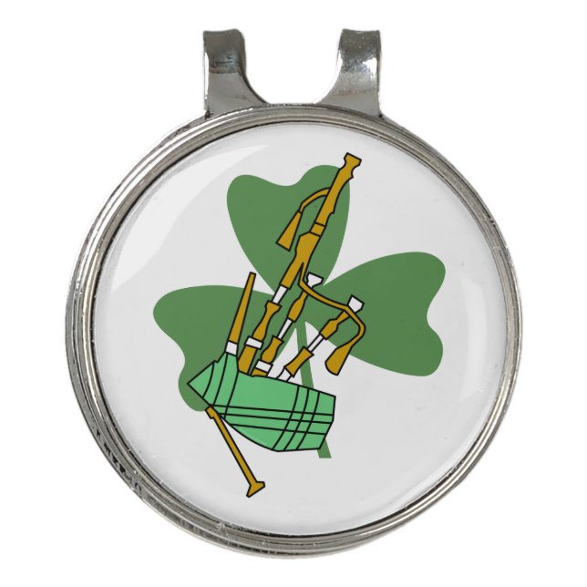 Bagpipe Shamrock Golf Hat Clip (Front)