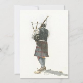 Invitation decorated with a watercolor of a bagpiper walking away from viewer