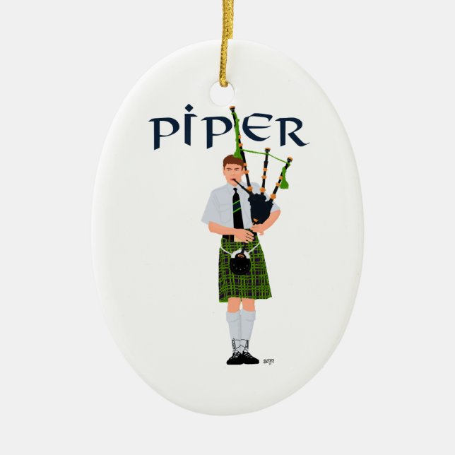 Bagpiper - Green Kilt Ceramic Ornament (Front)