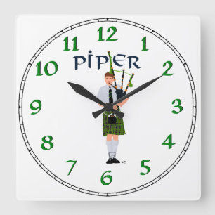 Bagpiper - Green Kilt Square Wall Clock