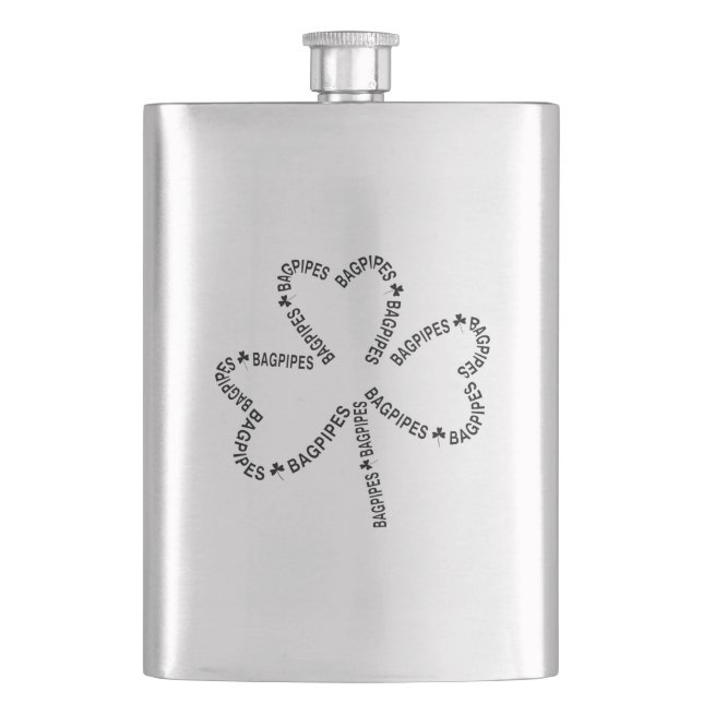 Bagpipes Text Shamrock Flask (Front)