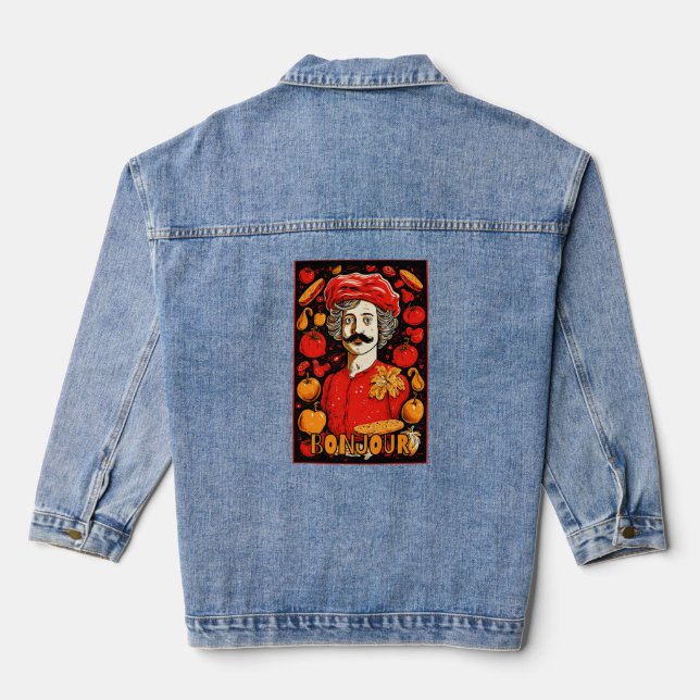 Baguette French Moustache Chef Bonjour Cuisine  Denim Jacket (Back)