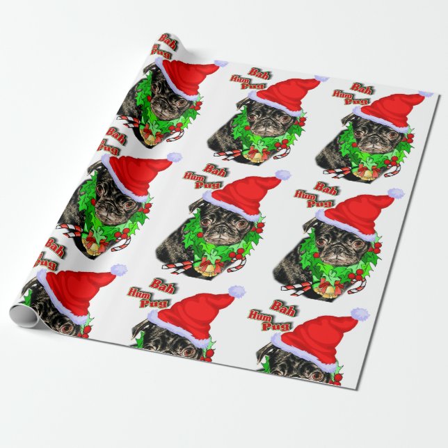 Bah Hum Pug Christmas Wrapping Paper (Unrolled)