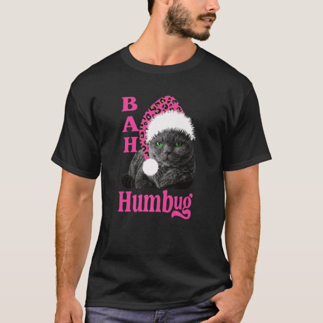Bah Humbug Cat Leopard Print Santa Hat Christmas H T-Shirt (Front)