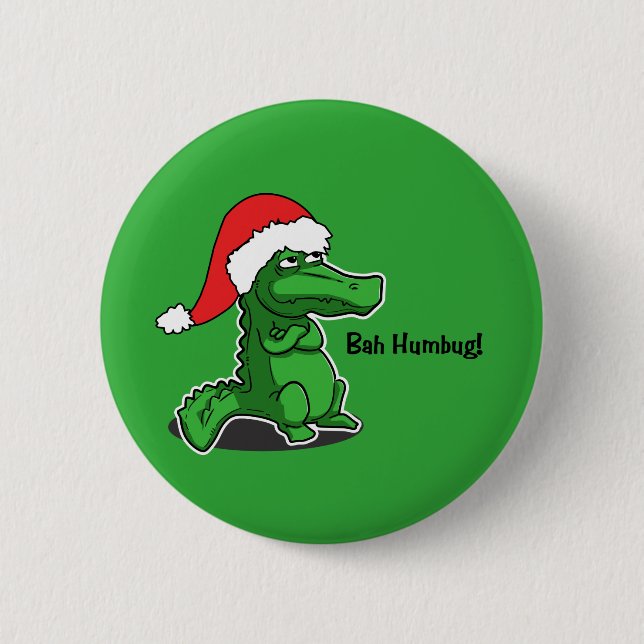 Bah Humbug! Fun, Alligator with Santa hat Pinback Button (Front)