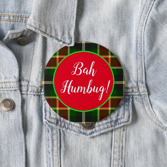 Bah Humbug Funny Christmas Plaid Button (In Situ)
