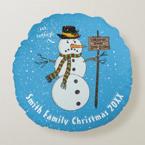 Bah Humbug Grumpy Christmas Snowman Introvert Round Pillow