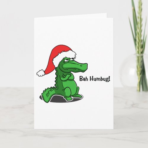Bah Humbug Smug cartoon alligator with Santa Hat Holiday Card