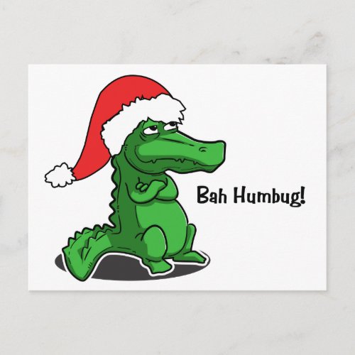 Bah Humbug Smug cartoon alligator with Santa Hat Holiday Postcard