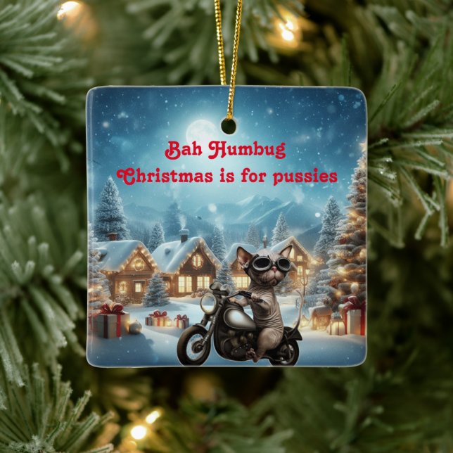 Bah Humbug Sphynx Cat Christmas Ceramic Ornament (Tree)