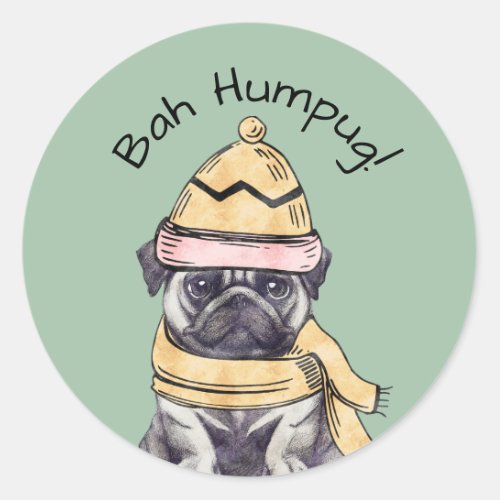 Bah Humpug Cute Christmas Illustrated Pug Winter  Classic Round Sticker