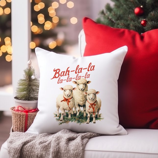 Bah La La Cute Retro Christmas Sheep Throw Pillow (Creator Uploaded)