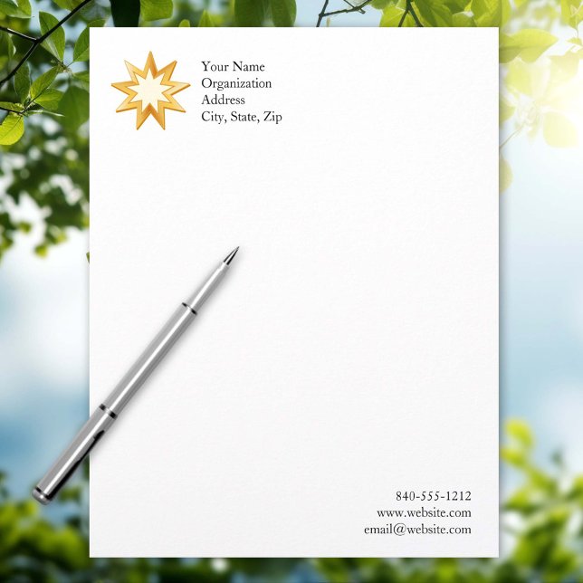 Baha'i 8.5" x 11" letterhead (Customize with your name or organization. Nine pointed star, symbol of the Baha’i faith in gold. )