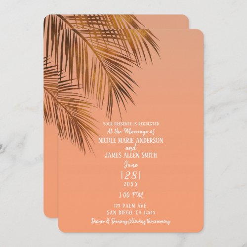 Bahama Breeze Bronze Palm Coral Peach Wedding Invitation