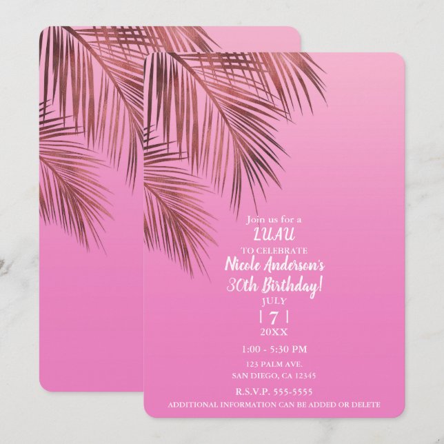 Bahama Breeze Bronze Palm Pink Birthday Party Invitation (Front/Back)