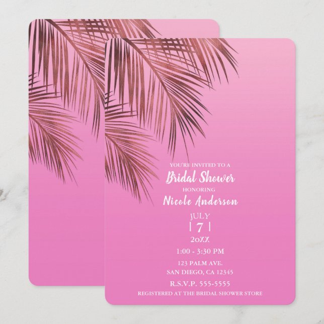 Bahama Breeze Bronze Palm Pink Bridal Shower Invitation (Front/Back)