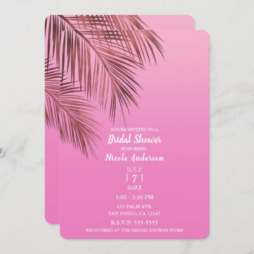 Bahama Breeze Bronze Palm Pink Bridal Shower Invitation