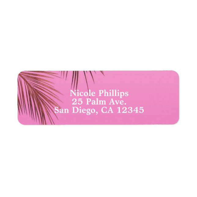 Bahama Breeze Bronze Palm Pink Rose Gold Wedding Label (Front)