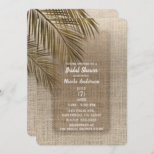 Bahama Breeze Bronze Palm Rustic Burlap Bridal Invitation