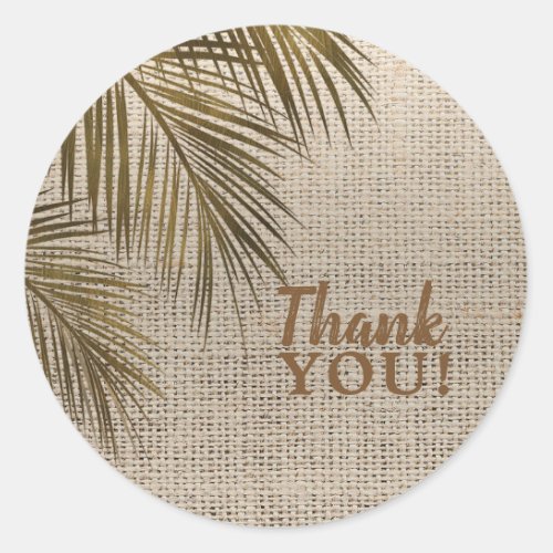 Bahama Breeze Bronze Palm Rustic Burlap Wedding Classic Round Sticker