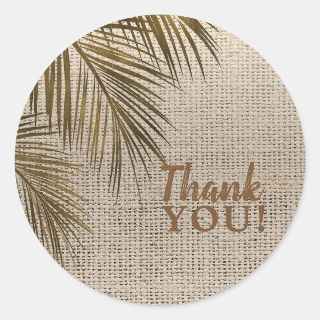 Bahama Breeze Bronze Palm Rustic Burlap Wedding Classic Round Sticker (Front)