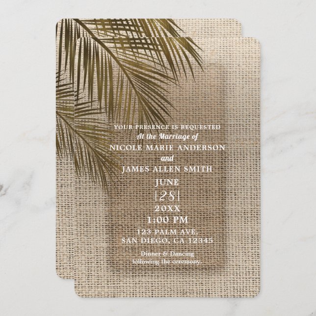 Bahama Breeze Bronze Palm Rustic Burlap Wedding Invitation (Front/Back)