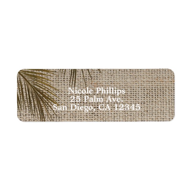 Bahama Breeze Bronze Palm Rustic Burlap Wedding Label (Front)