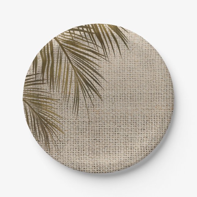 Bahama Breeze Bronze Palm Rustic Burlap Wedding Paper Plates (Front)