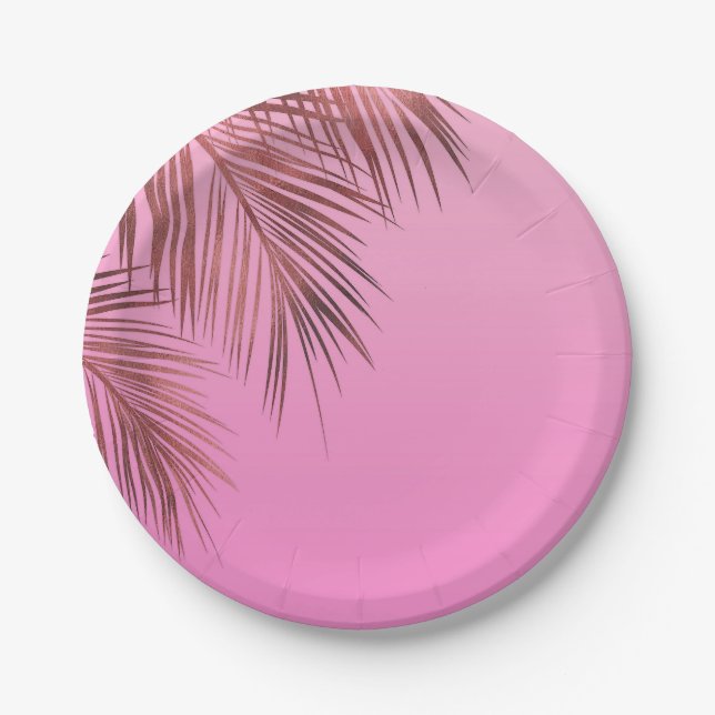 Bahama Breeze Bronze Rose Gold Palm Pink Wedding Paper Plates (Front)
