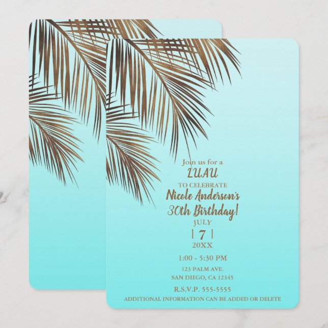Bahama Breeze Copper Palm Aqua Blue Birthday Party Invitation (Front/Back)