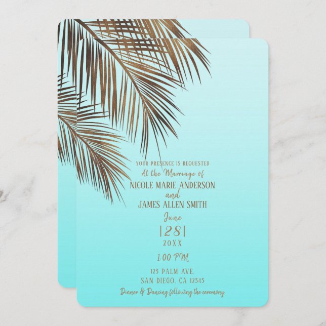 Bahama Breeze Copper Palm Aqua Sea Blue Wedding Invitation (Front/Back)