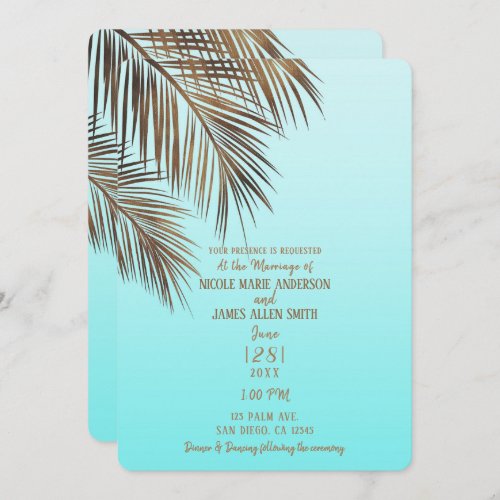 Bahama Breeze Copper Palm Aqua Sea Blue Wedding Invitation