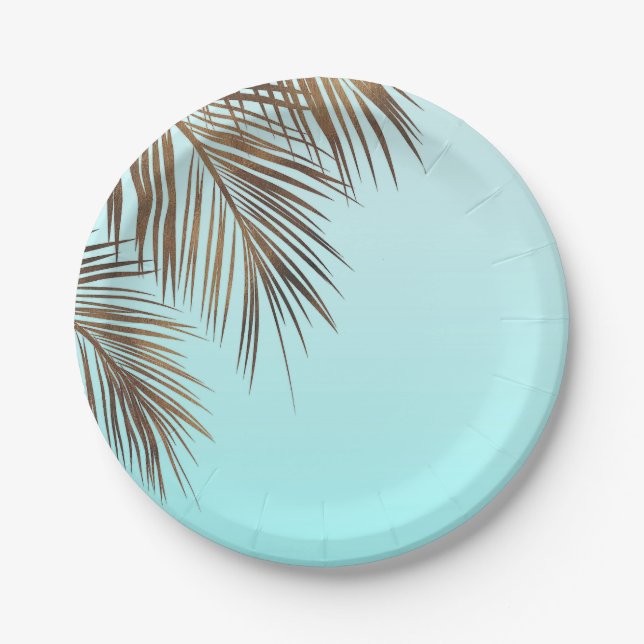 Bahama Breeze Copper Palm Aqua Sea Blue Wedding Paper Plates (Front)