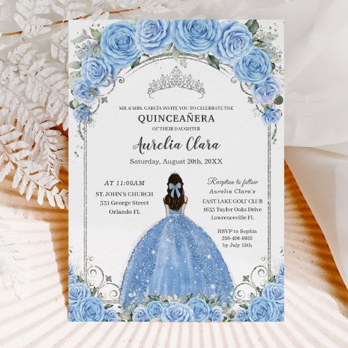 Bahama Sky Blue Floral Dress Silver Quinceaera  Invitation