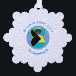 Bahaman Flag Black Angel Personalized Ornament Card<br><div class="desc">On these personalized paper ornament cards, a Black angel wears the flag of Bahama and flies in the center of a digitally created, textured, blue, fractal circle. The primary colors in this design are blue and white, chosen with Hanukkah in mind. Blue letters read BAHAMAN ANGEL and make a space...</div>