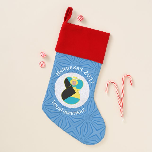 Bahaman Flag Blond Angel Hanukkah Personalized  Christmas Stocking (Front)