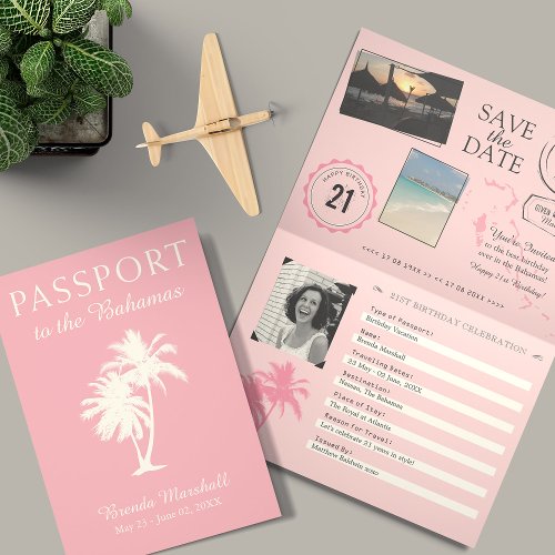 Bahamas 21ST Birthday Pink Passport Invitation