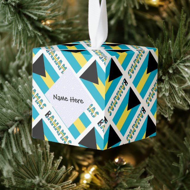 Bahamas and Bahaman Flag Tiled Personalized  Cube Ornament (Tree)