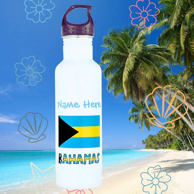 Bahamas and Bahamian Flag Blue Personalization  Stainless Steel Water Bottle (Creator Uploaded)