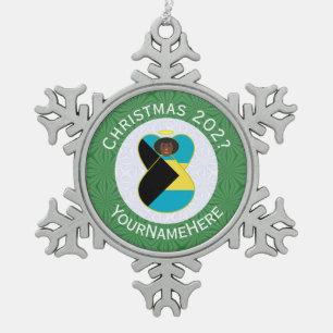 Bahamas Black Angel Christmas Flag Personalized Snowflake Pewter Christmas Ornament