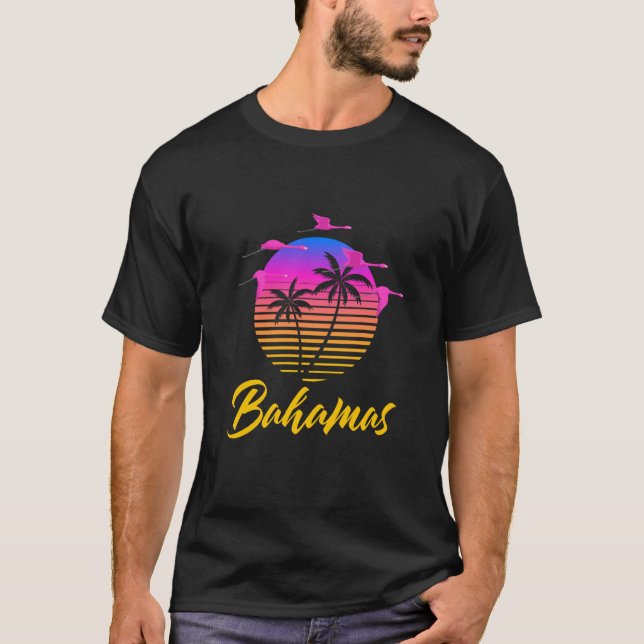 Bahamas Caribbean Retro Sunset Palm Tree Flamingo  T-Shirt (Front)