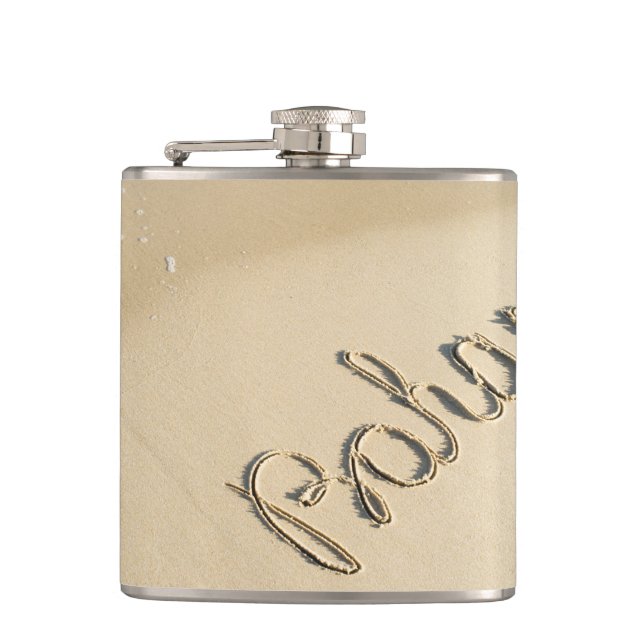 Bahamas carved sign on the beach sand flask (Front)